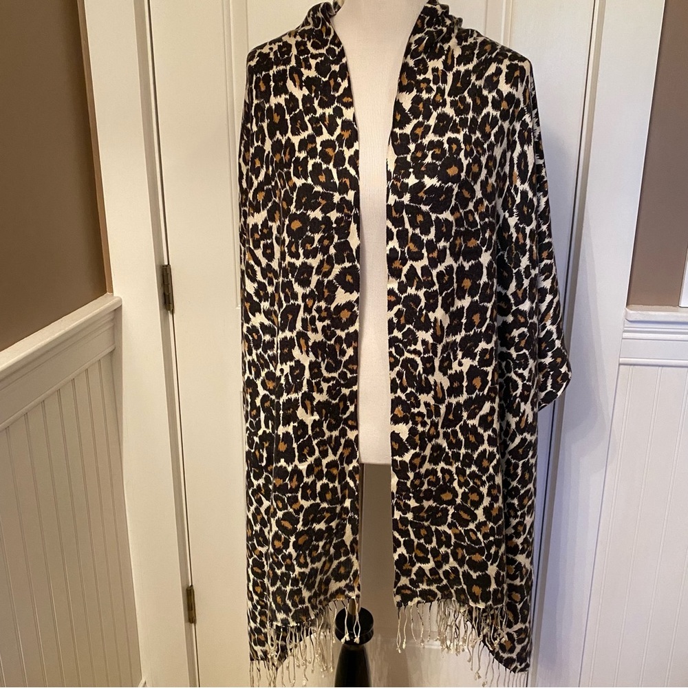 PASHMINA WRAP SCARF CREAM BLACK TAN LEOPARD ANIMAL PRINT FRINGE CASHMERE SILK